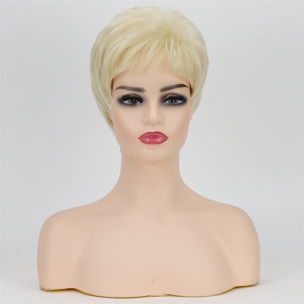 parrucca corta da pixie bob con riflessi biondi con frangia parrucca sintetica bionda ombre dritta con parrucche bionde a strati di radici scure per le donne del 2025 a $20.99 –P9
