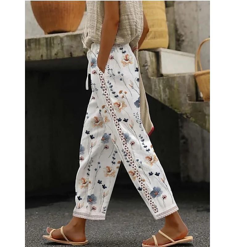 Women‘s Pants Trousers Baggy Ankle-Length Cotton Blend Lace Side Pockets Micro-elastic Casual Holiday Weekend White S M 2023 - US $26.99 –P1