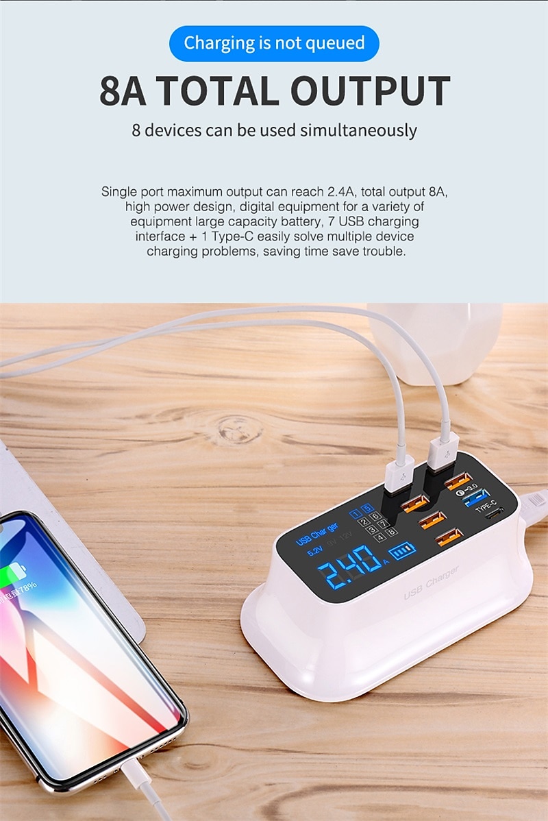 8USB Mobile Phone Fast Charging Digital Display QC3.0 Flash Charging Fast Multi-function PD Fast Charging Multi-port Charger With Display 2025 - $51.99 –P8