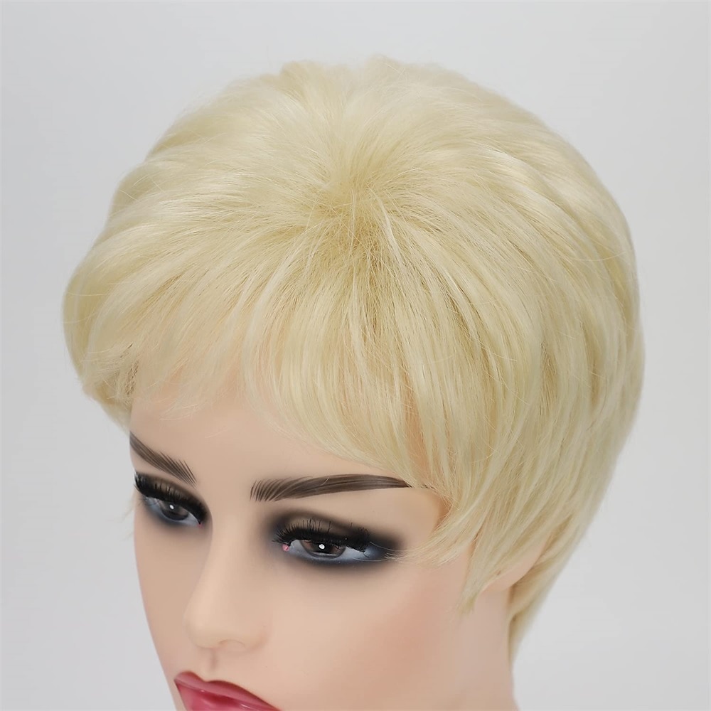 parrucca corta da pixie bob con riflessi biondi con frangia parrucca sintetica bionda ombre dritta con parrucche bionde a strati di radici scure per le donne del 2025 a $20.99 –P13