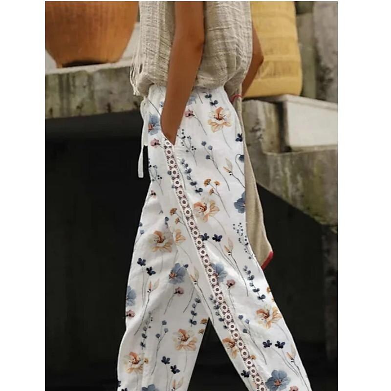 Women‘s Pants Trousers Baggy Ankle-Length Cotton Blend Lace Side Pockets Micro-elastic Casual Holiday Weekend White S M 2023 - US $26.99 –P3