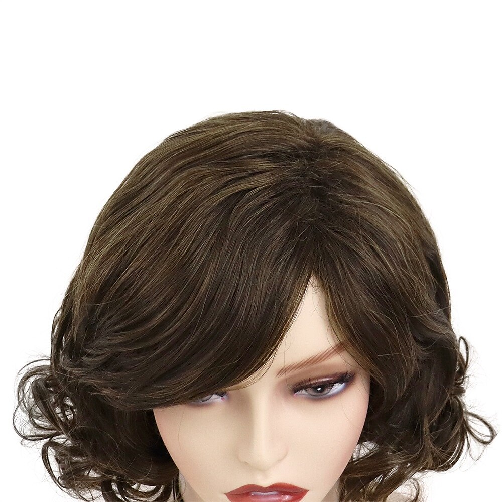 dames korte pruiken synthetisch haar mix bruin kapsel krullende pruiken bob mama pruik natuurlijke highlight pruiken met pony aan de zijkant 2025 - $21.99 –P4