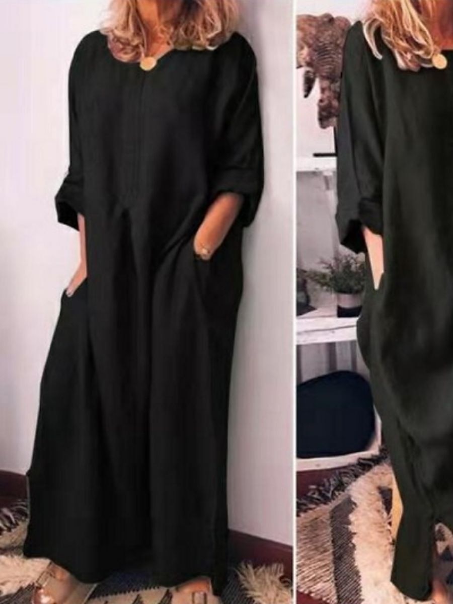 Damen Casual kleid Sommerkleid aus Baumwolle Maxidress Leinen Tasche Täglich Urlaub Rundhalsausschnitt Langarm Sommer Frühling Herbst Schwarz Gelb Glatt 2025 - $26.99 –P6