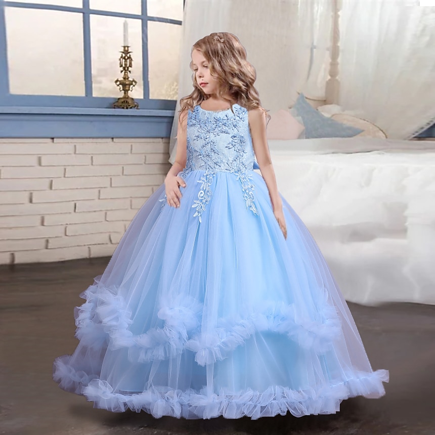 Kinder Mädchen Kleid Blume ärmellos Performance Party Spitze süßes Polyester knielanges Tüllkleid Sommer Frühling Herbst 4–13 Jahre blau 2025 - $41.99 –P14