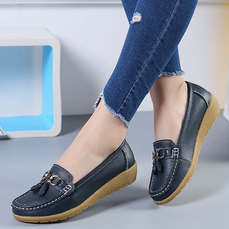 Dame Flate sko Slip-Ons Store størrelser Klassiske Loafers Myke sko Arbeid Daglig Vandring Helfarge Sommer Flat hæl Kvadratisk Tå Fritid minimalisme Fuskelær PU Tøfler Lyseblå Vin Svart 2025 - $29.99 –P3