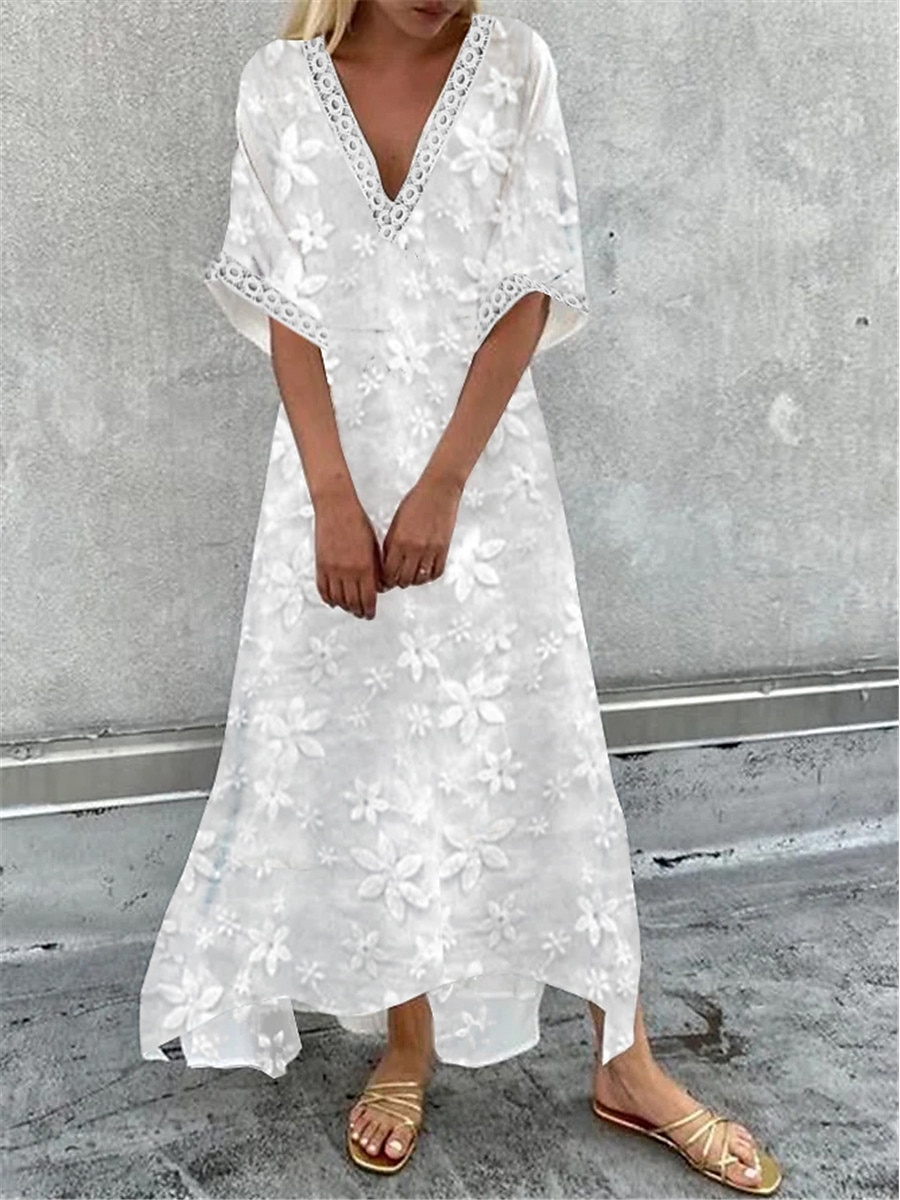 Women's Casual Dress Cotton Linen Dress Swing Dress Maxi long Dress Cotton Blend Fashion Modern Outdoor Daily Deep V Lace Patchwork Half Sleeve Summer Spring Fall 2023 Loose Fit White Floral Plain S 2023 - US $35.99 –P1