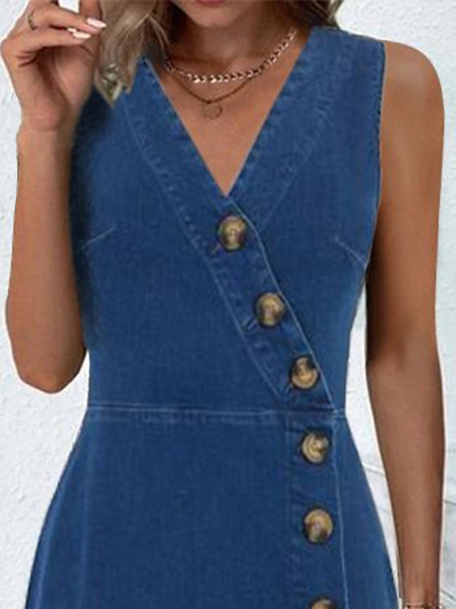 Women's Denim Dress Work Dress Bodycon Midi Dress Denim Fashion Modern  Outdoor Office Daily V Neck Button Sleeveless Summer Spring 2023 Loose Fit  Black Blue Plain S M L XL 2XL 2024 - $31.99