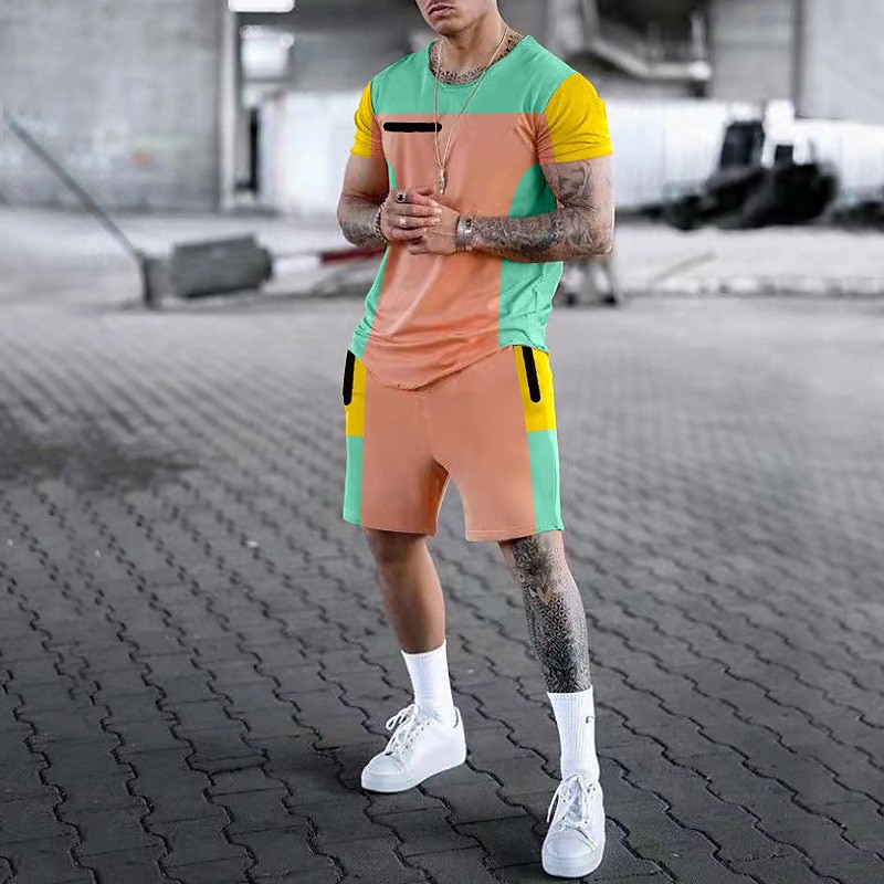 Men's Graphic Color Block 2pcs Tees sets Shorts and T Shirt Set T-Shirt Outfits Short Sleeve Crew Neck Designer Casual Comfortable Outdoor Vacation Daily 3D Print 2 Piece Spring & Summer Black White 2025 - $25.99 –P3