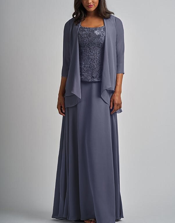 Abito a due pezzi a linea madre della sposa abito elegante avvolgente incluso scollo quadrato lunghezza del pavimento in chiffon con pizzo maniche 3/4 con applicazioni taglia personalizzata gratuita del 2025 a $186.99 –P1