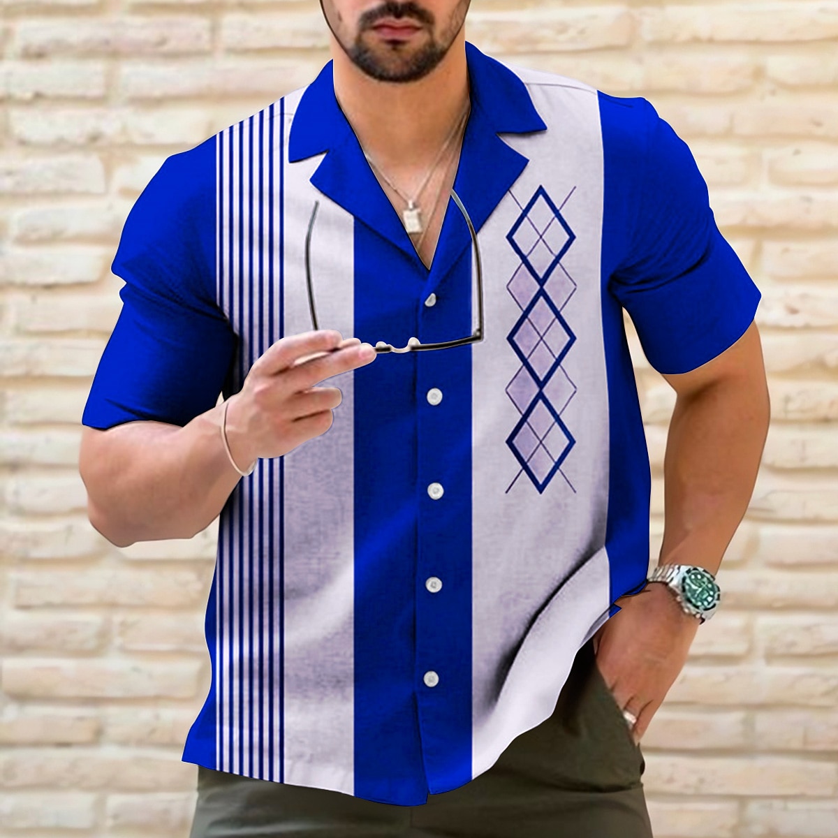 Herren Gestreift Geometrische Muster Geometrie Hemd Bowling-Shirt Knopfhemd Kurzarm Sport Modisch Strassenmode Outdoor Casual Festtage Sommer Frühling Kubanisches Halsband Bedruckt Schwarz Hellgrün 2026 - $25.99 –P4