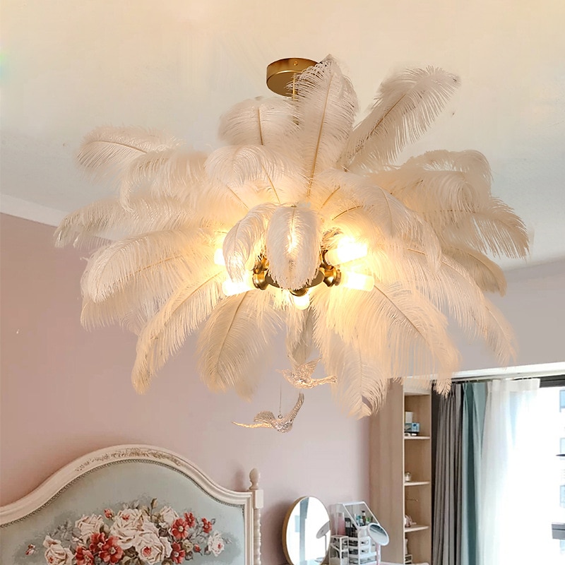 lampadario a sospensione a led splendido extra large 70cm 6 luci bianco bouquet di piume di struzzo lampada a sospensione romantico apparecchio di illuminazione montato per camera da letto ristorante del 2025 a $599.99 –P1