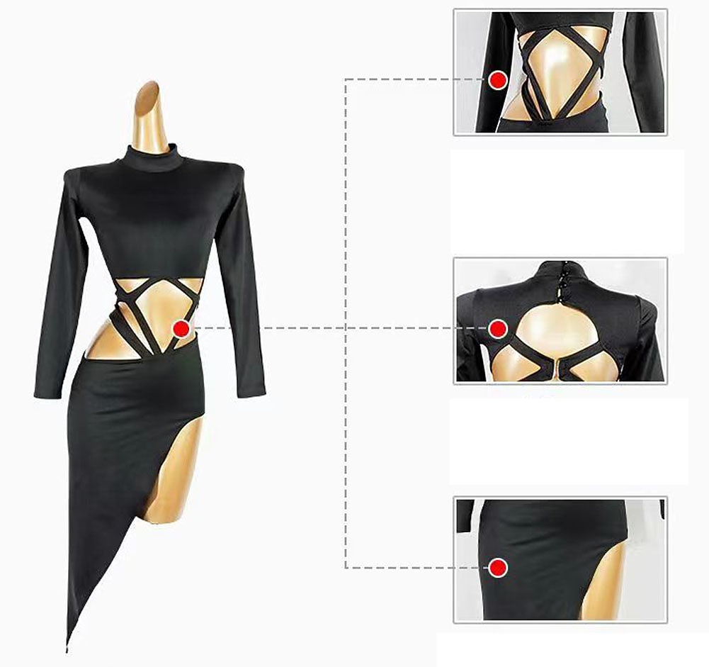 dans salsa latinsk dansklänning ihålig ren färg splitsning kvinnors prestationsfest långärmad polyester 2025 - $137.99 –P6