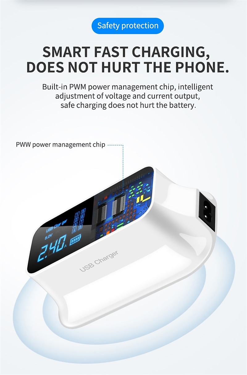 8USB Mobile Phone Fast Charging Digital Display QC3.0 Flash Charging Fast Multi-function PD Fast Charging Multi-port Charger With Display 2025 - $51.99 –P16