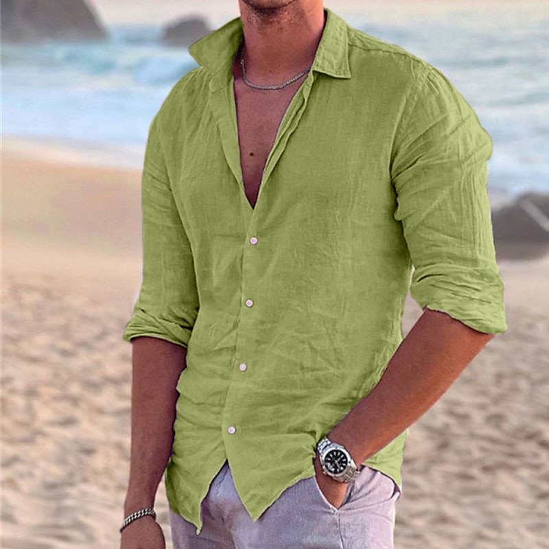 Men's Linen Shirt Shirt Summer Shirt Beach Shirt Collar Spring Summer Long  Sleeve Black White Green Solid Color Outdoor Street Clothing Apparel  Button-Down