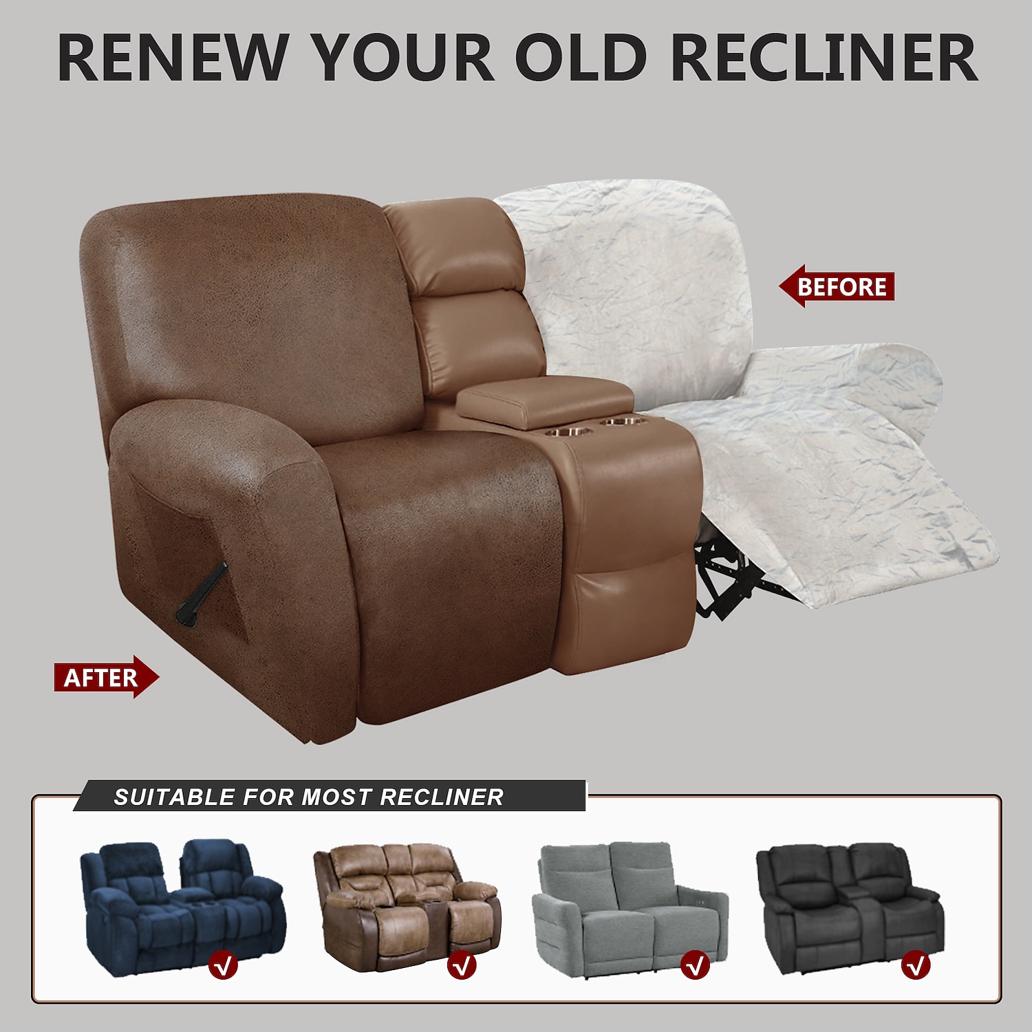2 Seater Recliner Covers Stretch Love Seat Reclining Sofa Cover, Like Leather Couch Slipcover with Elastic Loop, Anti-cat Scratch Furniture Protector for Dogs Pet 2025 - $74.99 –P5
