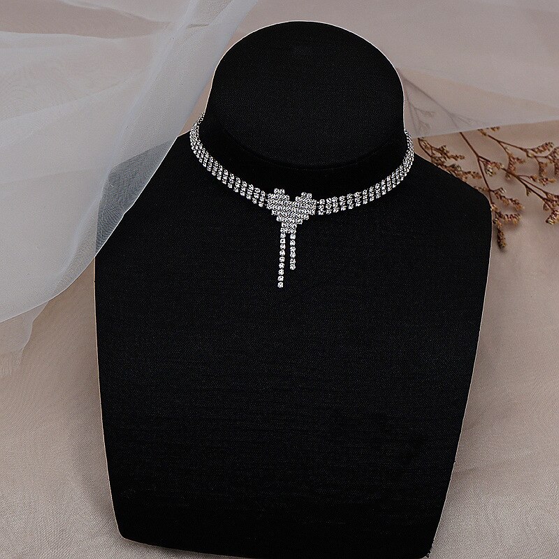 JEAIRTS Rhinestone Choker Necklace Silver Diamond Thailand