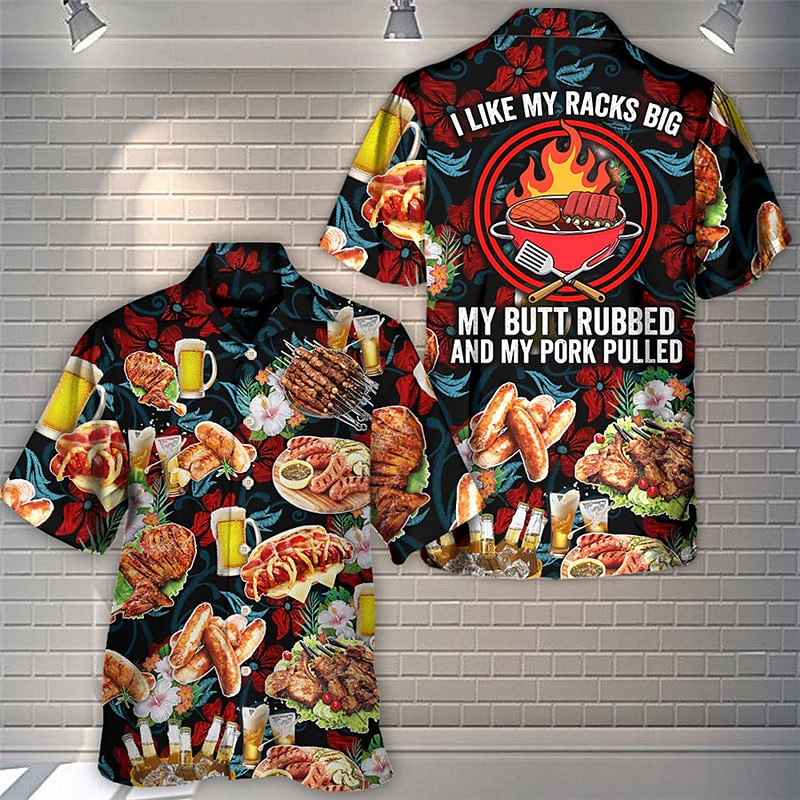 Męskie Jedzenie Litera Grill Koszula Koszula hawajska Koszula Aloha Krótki rękaw Koszula Kubański kołnierz Sport Moda Moda miejska Na zewnątrz Codzienny Hawajskie Czerwony Zielony S M L 2025 - $24.99 –P2