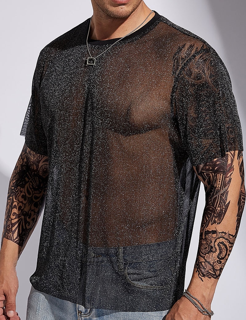 Herren T Shirt Männer Solid Glitter T-Shirt T-Shirt Kurzarm Rundhalsausschnitt Sommer Einfach Designer Basic Moderne zeitgenössische Basic Urlaub Straße Ausgehen Schwarz Top T-Shirt für Herren 2025 - $15.99 –P3