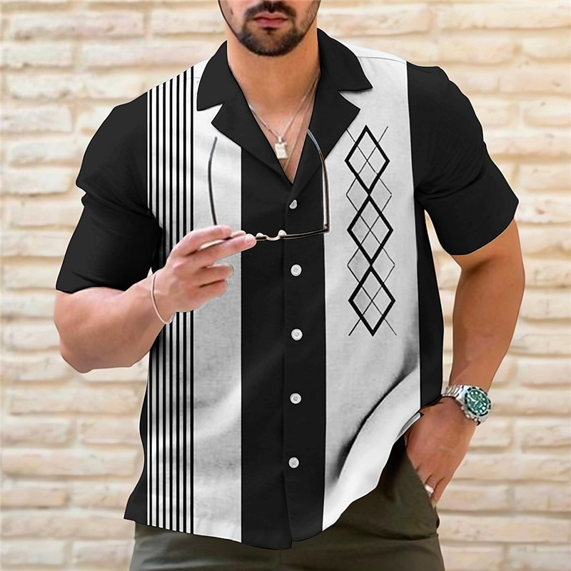 Herren Gestreift Geometrische Muster Geometrie Hemd Bowling-Shirt Knopfhemd Kurzarm Sport Modisch Strassenmode Outdoor Casual Festtage Sommer Frühling Kubanisches Halsband Bedruckt Schwarz Hellgrün 2026 - $25.99 –P1