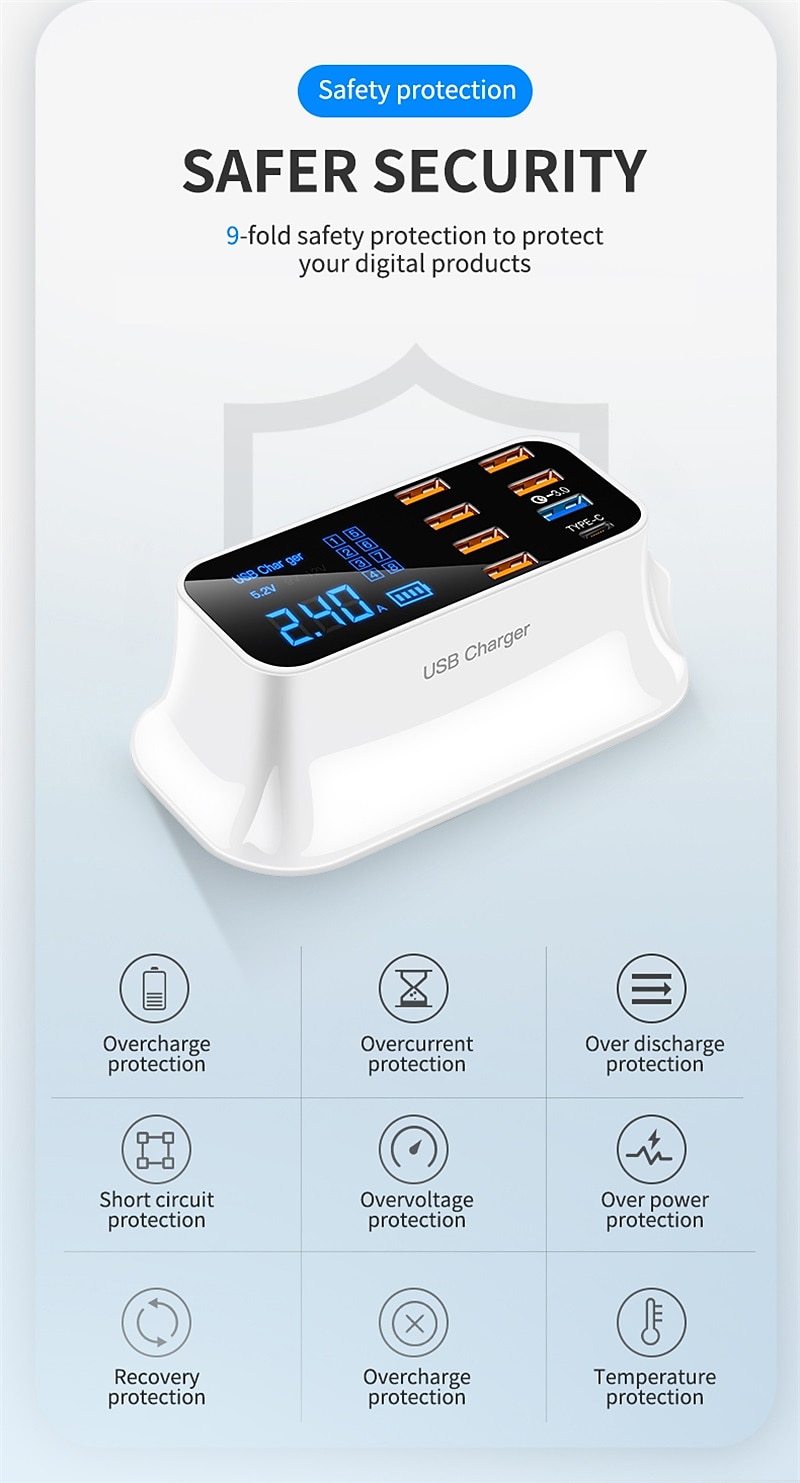 8USB Mobile Phone Fast Charging Digital Display QC3.0 Flash Charging Fast Multi-function PD Fast Charging Multi-port Charger With Display 2025 - $51.99 –P14