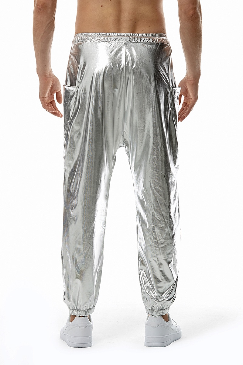 sada s lesklým kovovým tričkem jogger kalhoty 2 ks outfity pánské disco 80. léta cvičení cosplay kostým maškarní karneval párty klub 2025 - $41.99 –P14