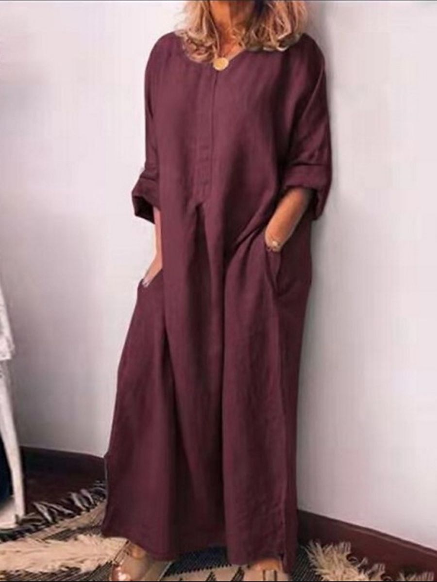Damen Casual kleid Sommerkleid aus Baumwolle Maxidress Leinen Tasche Täglich Urlaub Rundhalsausschnitt Langarm Sommer Frühling Herbst Schwarz Gelb Glatt 2025 - $26.99 –P7