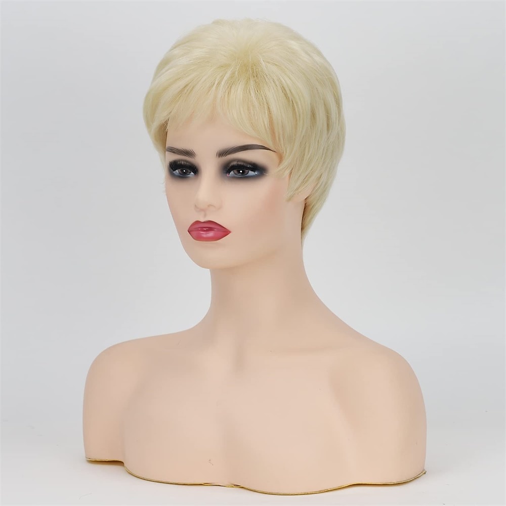 parrucca corta da pixie bob con riflessi biondi con frangia parrucca sintetica bionda ombre dritta con parrucche bionde a strati di radici scure per le donne del 2025 a $20.99 –P10