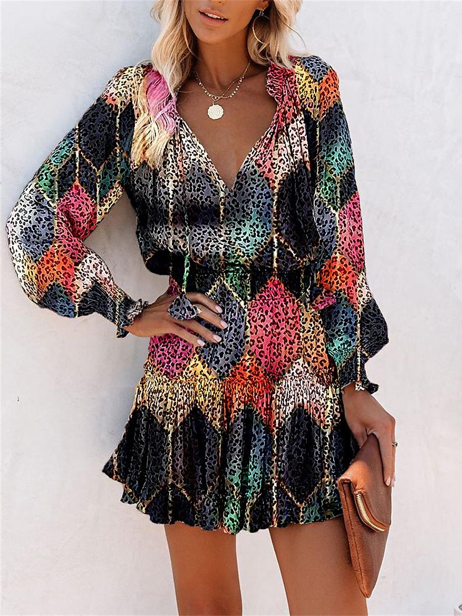 Dam Mini klänning Klänning med tryck Vårklänning Mode Modern Utomhus Semester Dagligen Lös passning Blommig Leopard Geometrisk Långärmad V-hals Svart Purpur Fuchsia Brun Sommar Vår Höst 2025 - $35.99 –P6
