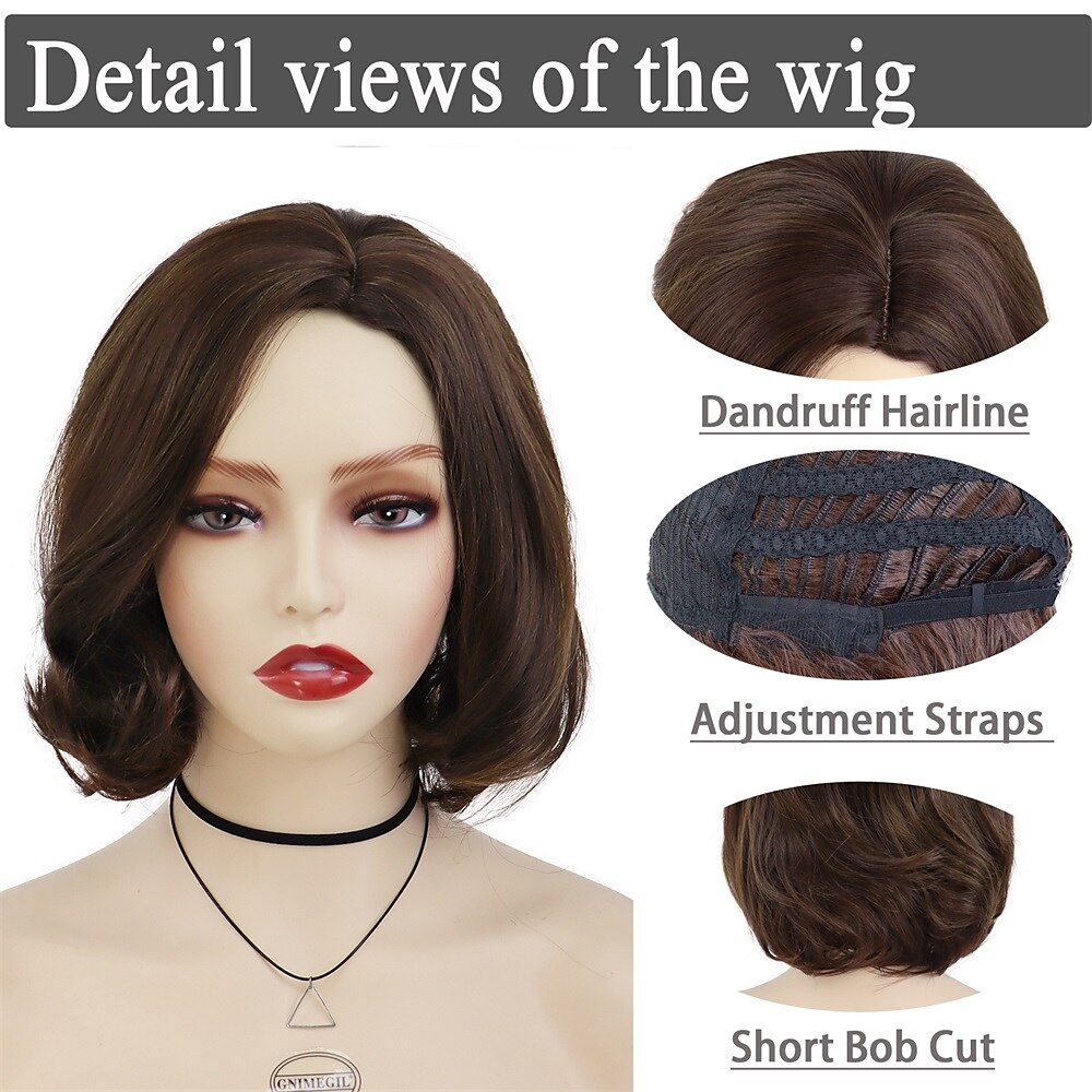 dames korte pruiken synthetisch haar mix bruin kapsel krullende pruiken bob mama pruik natuurlijke highlight pruiken met pony aan de zijkant 2025 - $21.99 –P2