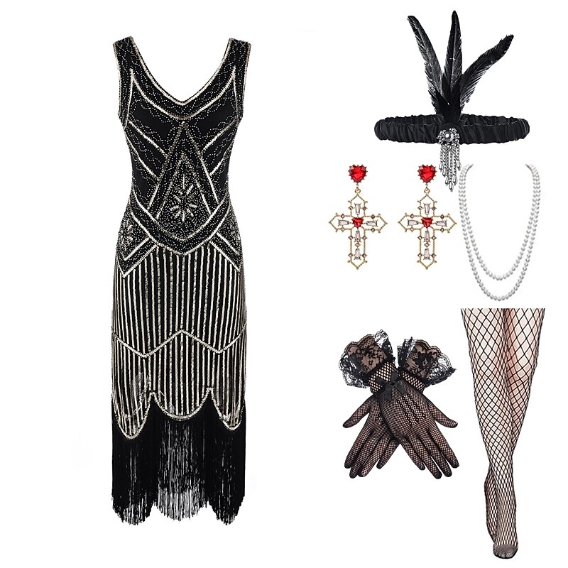 Φόρεμα gatsby flapper της δεκαετίας του 1920 με σετ αξεσουάρ της δεκαετίας του 20 γυναικείες παγιέτες κοστούμι με φούντα κρόσσια ρετρό vintage cosplay party & βραδινό κοκτέιλ φόρεμα 2025 - $58.99 –P8