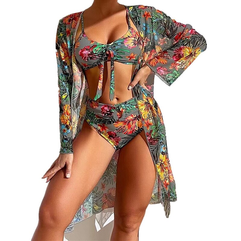 Women's Swimwear Bikini Normal Swimsuit 3-Piece Printing Floral White Yellow Blue Gray Bathing Suits Sports Beach Wear Push Up 2023 - AED 120 –P5