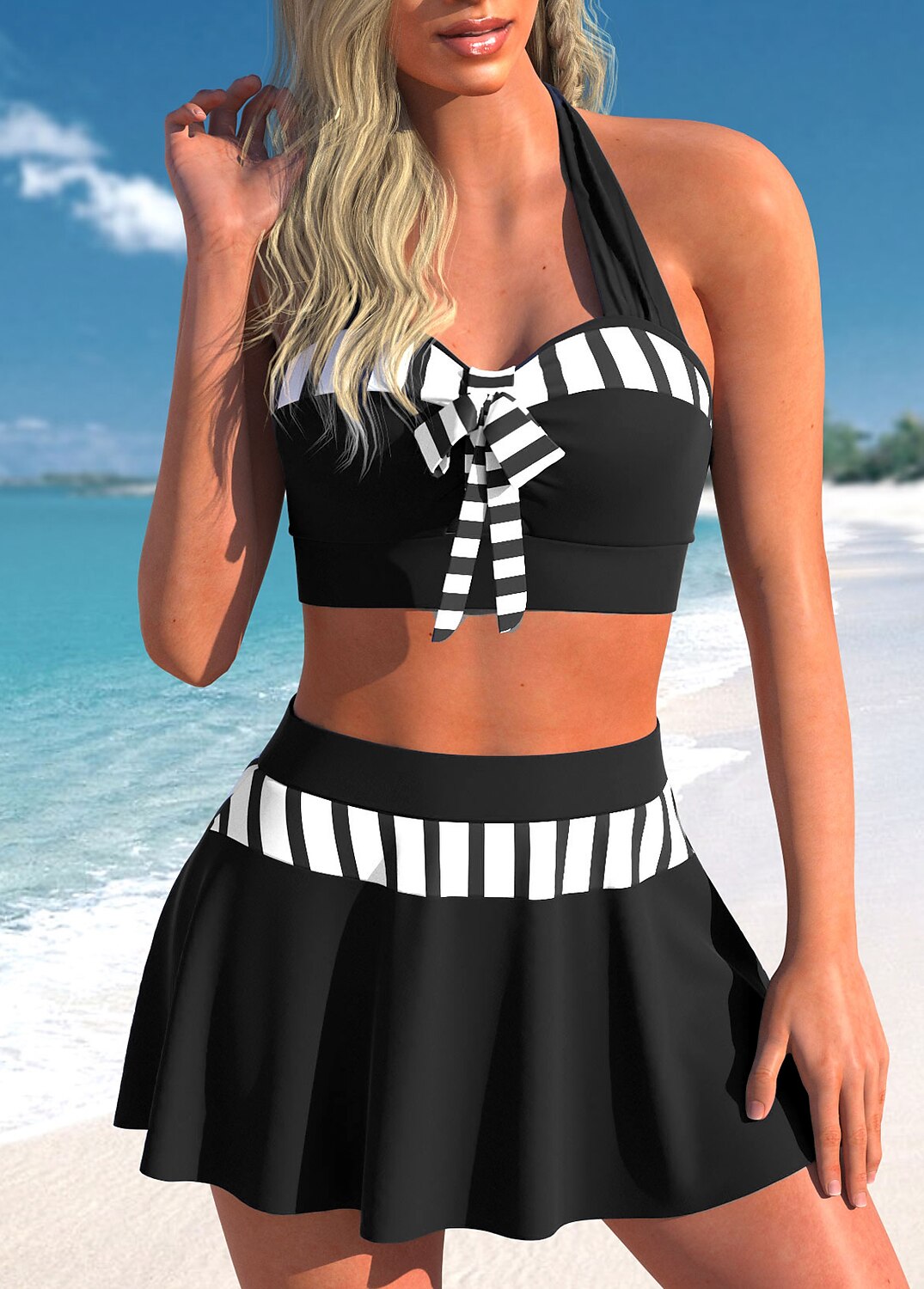 Women's Swimwear Bikini Normal Swimsuit 2 Piece Stripe Printing High Waisted Striped Black Bathing Suits Sports Beach Wear Push Up 2023 - AED 128 –P1