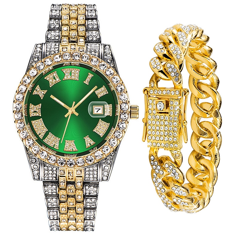 Men's Quartz Watch with Chain Bracelet Set Fashion Luxury Bling Diamond Hiphop Analog Men Quartz Wristwatch Calendar Waterproof Men's Watch 2025 - $19.99 –P10
