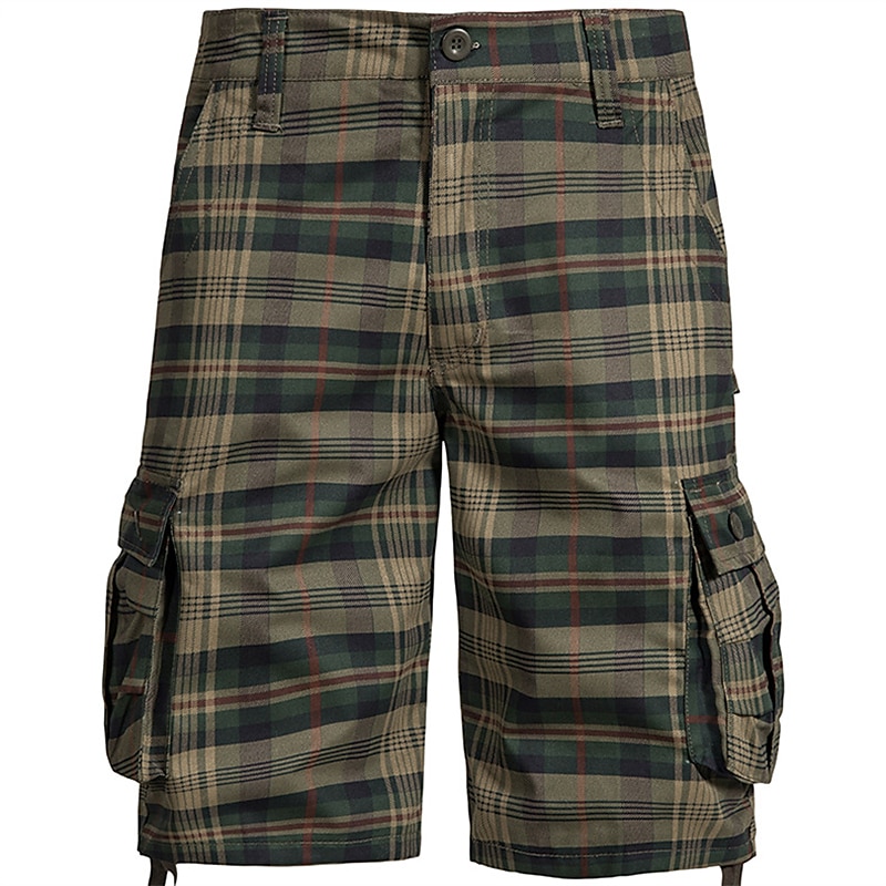 Men s Cargo Shorts Shorts Bermuda shorts Pocket Plaid Comfort Breathable Outdoor Daily Going out Casual Big and Tall Green Khaki 2024 CHF27