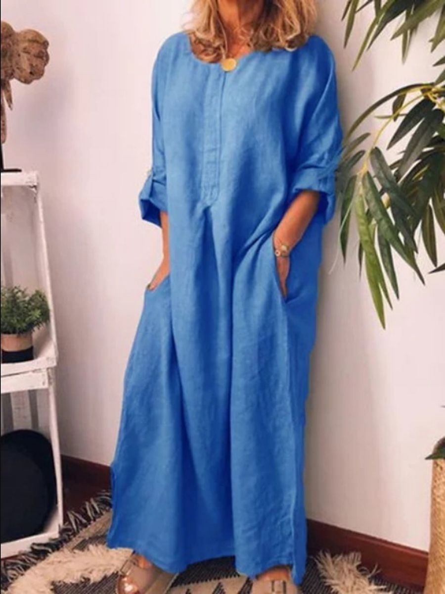 Damen Casual kleid Sommerkleid aus Baumwolle Maxidress Leinen Tasche Täglich Urlaub Rundhalsausschnitt Langarm Sommer Frühling Herbst Schwarz Gelb Glatt 2025 - $26.99 –P4