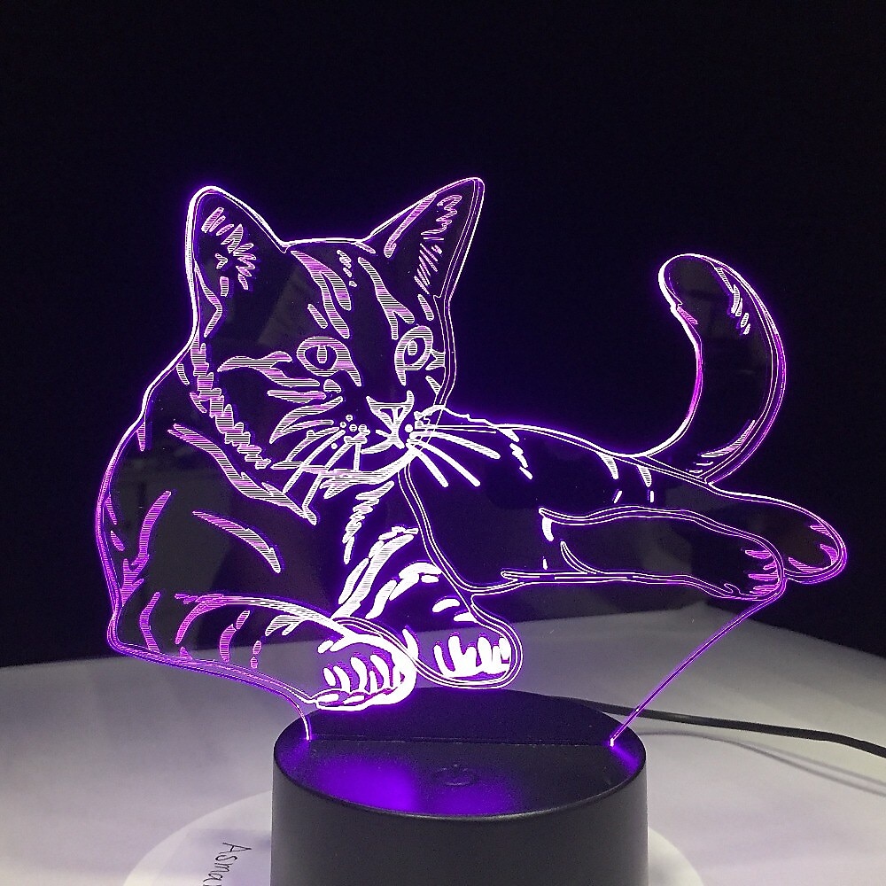 Lampada 3D Gatto LED Notturna Touch 7 Colori Con Base USB - Illusione Ottica, Regalo Originale