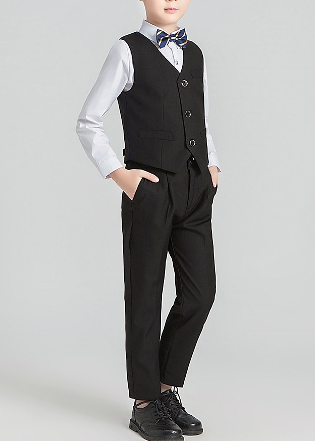 4 Pieces 5 Pieces Ring Bearer Suit Boys Kids Toddler Suit Formal Suit Suit & Blazer Suit Vest Jacket & Pants Formal Anniversary Party Back to School Fashion Gentle Solid Color Black Navy Blue Cotton 2025 - $69.99 –P7