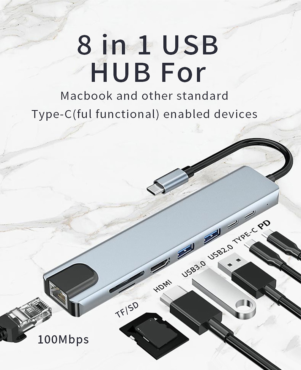 док-станция usb type c usb c hub 3.0 адаптер 8 в 1 hdmi устройство чтения карт памяти sd/tf для macbook air ipad периферийные устройства для портативных компьютеров 2025 - CAD $32.23 –P2