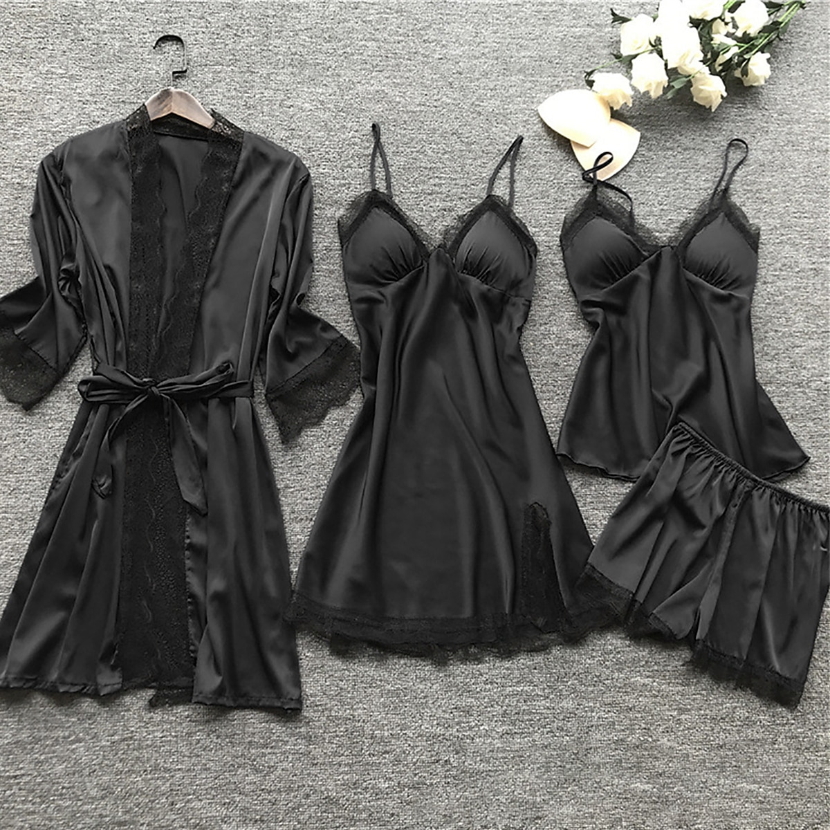 pyjamasset för kvinnor 4 stycken ren färg enkel avslappnad mjuk hem daglig säng polyester andas v wire långärmad dräkt topp shorts resår midja sommar vår hem outfits 2025 - $25.99 –P2