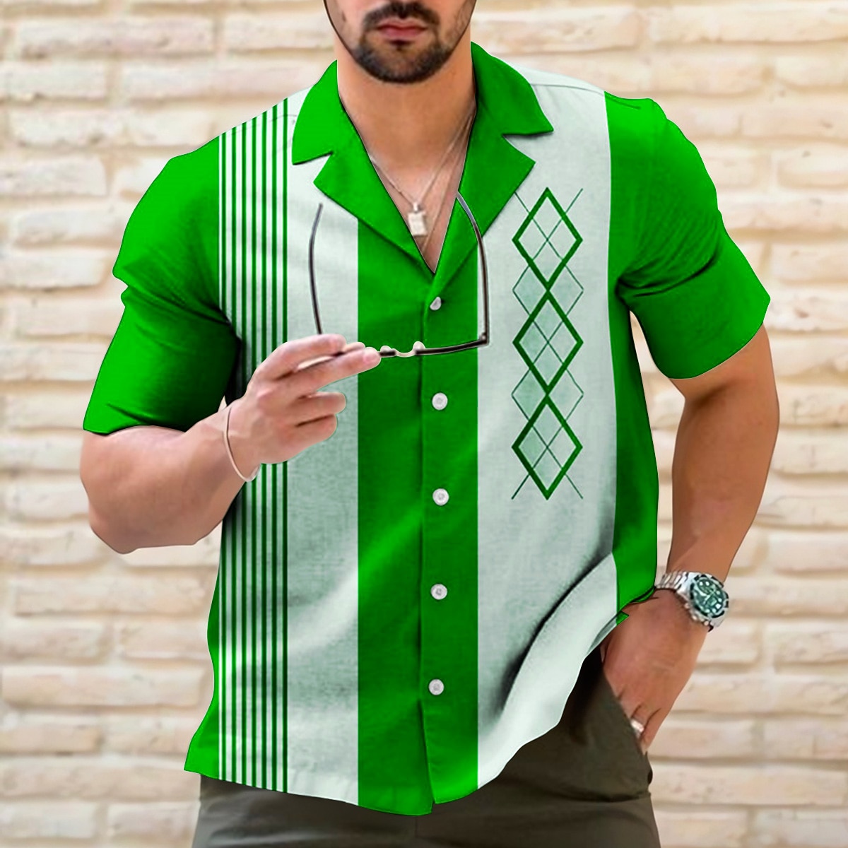 Herren Gestreift Geometrische Muster Geometrie Hemd Bowling-Shirt Knopfhemd Kurzarm Sport Modisch Strassenmode Outdoor Casual Festtage Sommer Frühling Kubanisches Halsband Bedruckt Schwarz Hellgrün 2026 - $25.99 –P3