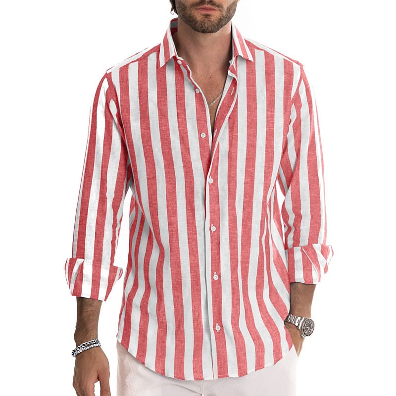 Herren Hemd Sommerhemd Freizeithemd Strandhemd Knopfhemd Gestreifte Hemden Schwarz Rote Blau Grün Grau Langarm Gestreift Großvaterkragen Kragen Urlaub Täglich Druck Bekleidung Polyester Mode Lässig 2025 - $25.99 –P5