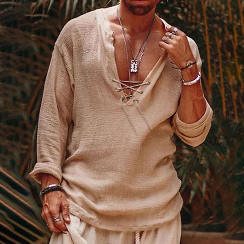 Men's Cotton Linen Shirt Summer Shirt Casual Shirt Beach Shirt Beige Long Sleeve Plain V Neck Spring & Summer Casual Daily Clothing Apparel Drawstring 2025 - $16.99 –P1