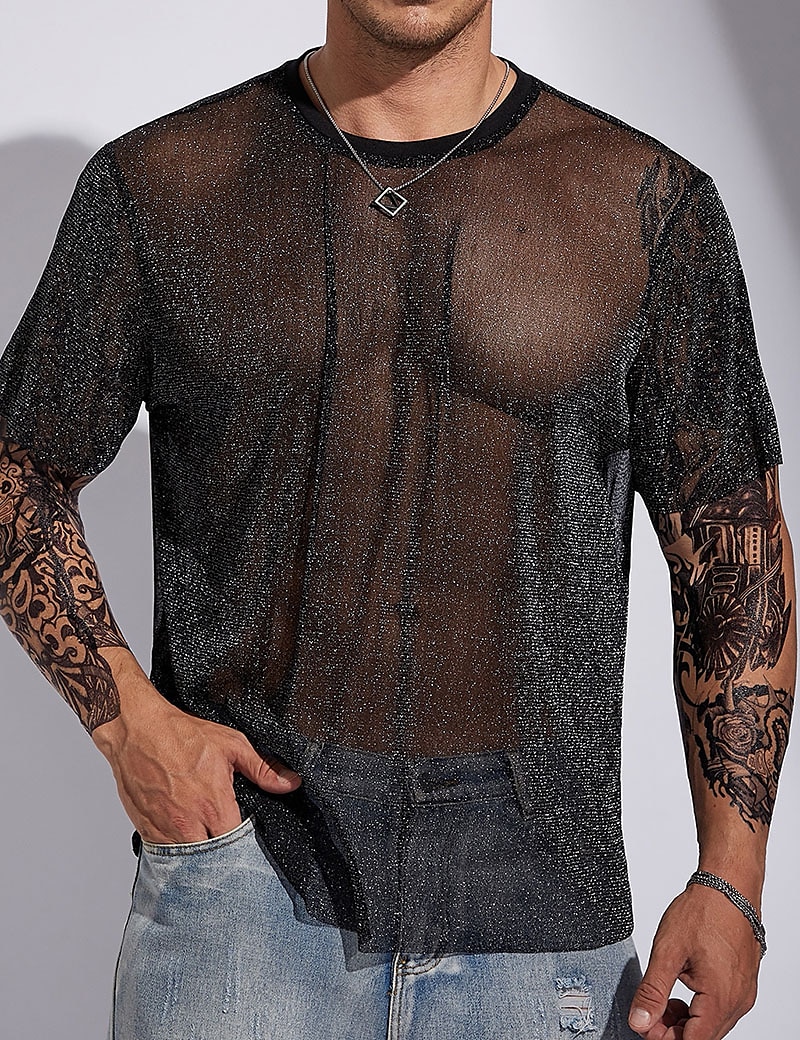Herren T Shirt Männer Solid Glitter T-Shirt T-Shirt Kurzarm Rundhalsausschnitt Sommer Einfach Designer Basic Moderne zeitgenössische Basic Urlaub Straße Ausgehen Schwarz Top T-Shirt für Herren 2025 - $15.99 –P1