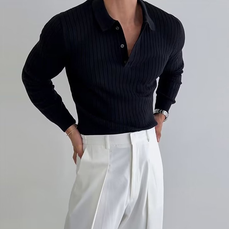 Voor heren gebreide polo Casual Feestdagen Revers Knoop Lange mouw Modieus Modern Effen nappi Zomer Zwart Wit Bruin gebreide polo 2025 - $30.99 –P2