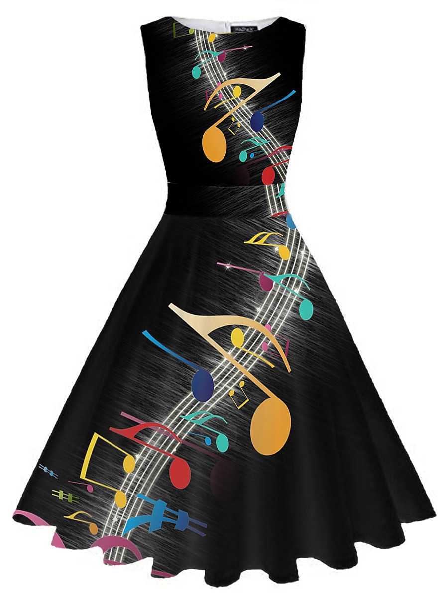 naisten retro 1950-luvun vintage teemekot midi-mekko päivittäinen päivämäärä ruched print muistiinpano pyöreä kaula hihaton ohut kesä kevät 2023 musta valkoinen s m l xl 2025 - $25.99 –P2