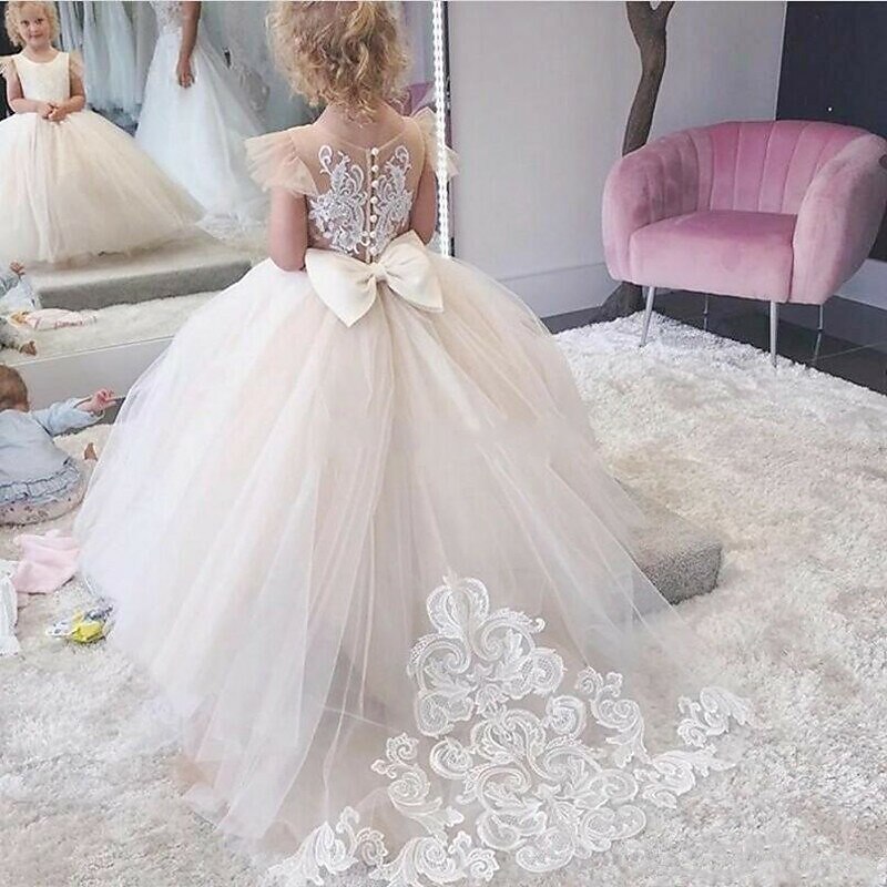 Flower Girl Dress Girls' First Communion Dress Party Dress Performance Wedding Party Princess Sweet Mesh Solid Color Sleeveless Crew Neck White Champagne 2-12 Years 2025 - $65.99 –P1