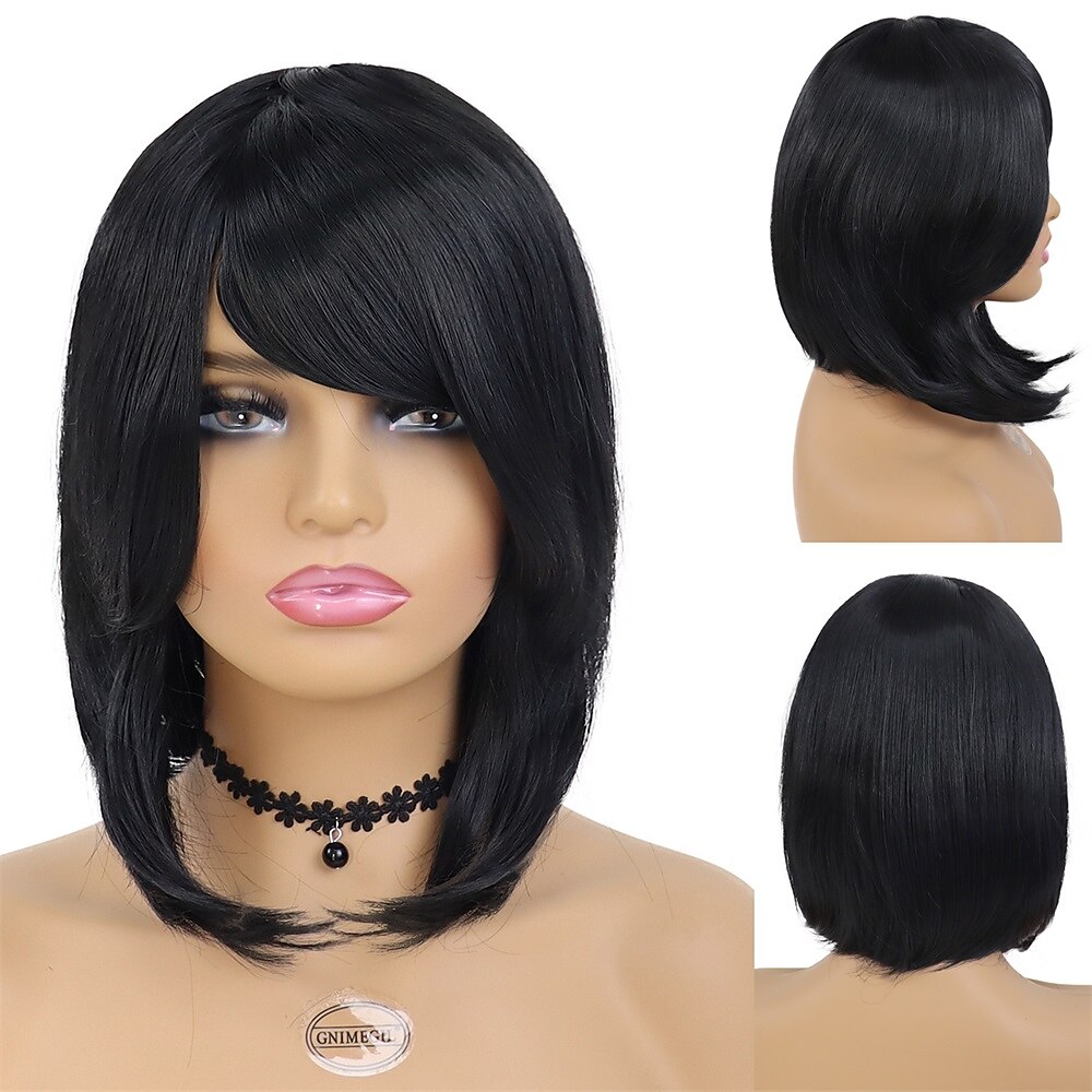 dames korte pruiken synthetisch haar mix bruin kapsel krullende pruiken bob mama pruik natuurlijke highlight pruiken met pony aan de zijkant 2025 - $21.99 –P7