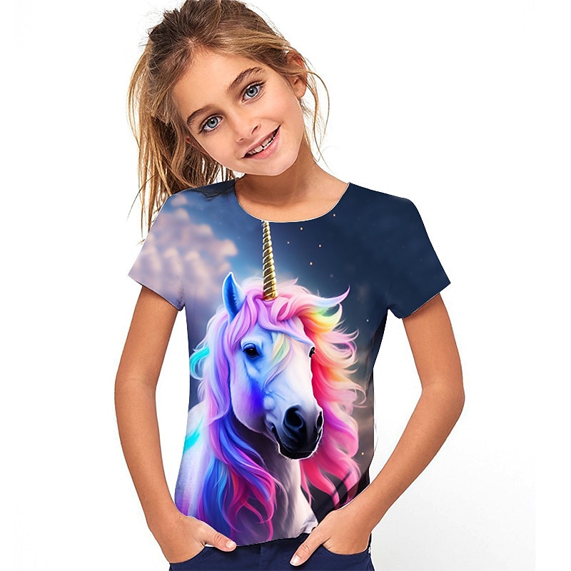 Kinderen Voor meisjes T-shirt Grafisch Buiten 3D-afdrukken Korte mouw Ronde hals Actief 7-13 jaar Zomer Meerkleurig Blozend Roze Rood 2026 - $10.99 –P2