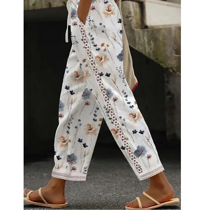 Women‘s Pants Trousers Baggy Ankle-Length Cotton Blend Lace Side Pockets Micro-elastic Casual Holiday Weekend White S M 2023 - US $26.99 –P2