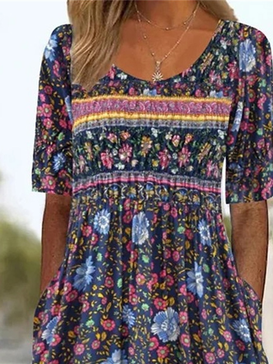 Női Midi ruha nyári ruha Boho ruha Pöttyös ruha Nyomtatott ruha Csehország Divat Modern Szabadtéri Vakáció Napi Normál Virágos Ditsy virágos Rövid ujjú Terített nyak Arcpír rózsaszín Sötétkék Nyár 2025 - $30.99 –P5